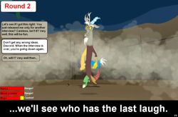 Size: 1024x671 | Tagged: safe, discord, comic:celestia's servant interview, caption, interview, meta, solo