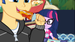 Size: 1926x1080 | Tagged: safe, screencap, flash sentry, sci-twi, twilight sparkle, better together, choose your own ending, equestria girls, lost and pound, eating, female, food, glasses, lasagna, lasagna pop, male, pasta