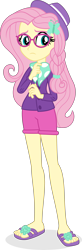 Size: 2119x6430 | Tagged: safe, artist:punzil504, fluttershy, equestria girls, fake it 'til you make it, braid, clothes, feet, female, flip-flops, glasses, hat, hipstershy, hot pants, legs, sandals, simple background, solo, transparent background