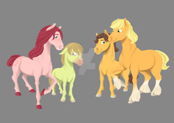 Size: 1600x1131 | Tagged: safe, artist:amaya-chans2, applejack, caramel, oc, oc:cortland, oc:pink lady apple, earth pony, pony, carajack, family, female, gray background, male, offspring, parent:applejack, parent:caramel, parents:carajack, shipping, simple background, straight