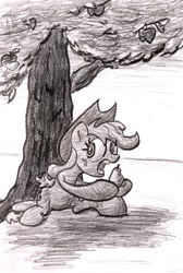 Size: 1006x1494 | Tagged: safe, artist:shoeunit, applejack, earth pony, pony, dishonorapple, food, hoof hold, pear, sitting, solo, traditional art, tree, under the tree