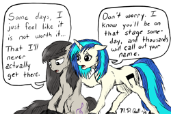 Size: 1024x683 | Tagged: safe, artist:m_d_quill, dj pon-3, octavia melody, vinyl scratch, earth pony, pony, adorkable, comfort, cute, support, tavibetes, vinylbetes