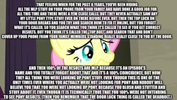 Size: 1280x720 | Tagged: safe, edit, edited screencap, screencap, fluttershy, top bolt, crying, door, image macro, lock, meme, phone, relatable, text, wall of text