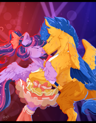 Size: 671x866 | Tagged: safe, artist:rossignolet, flash sentry, twilight sparkle, twilight sparkle (alicorn), alicorn, pegasus, pony, chest fluff, couple, ear fluff, female, flashlight, fluffy, love, male, outfit, shipping, straight, tongue out