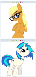 Size: 258x552 | Tagged: safe, dj pon-3, vinyl scratch, pony, unicorn, derpibooru, exploitable meme, juxtaposition, juxtaposition win, meme, meta