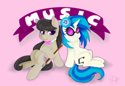 Size: 2777x1925 | Tagged: safe, artist:pillonchou, dj pon-3, octavia melody, vinyl scratch, earth pony, pony, background pony, banner, bow (instrument), bowtie, cello bow, duo, heart eyes, music, open mouth, signature, simple background, smiling, sunglasses, wingding eyes