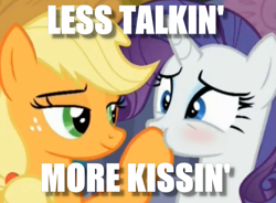 Size: 827x610 | Tagged: safe, applejack, rarity, earth pony, pony, unicorn, blushing, duo, female, image macro, imminent kissing, lesbian, mare, meme, rarijack, shipping