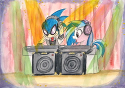 Size: 2317x1632 | Tagged: safe, artist:souleatersaku90, dj pon-3, vinyl scratch, pony, unicorn, chaos in equestria, commission, crossover, fanfic, fanfic art, party, sonic the hedgehog, sonic the hedgehog (series), traditional art, watercolor painting