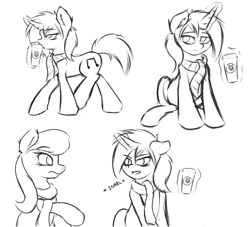 Size: 1514x1374 | Tagged: safe, artist:capseys, dj pon-3, octavia melody, vinyl scratch, earth pony, pony, coffee, monochrome, sketch