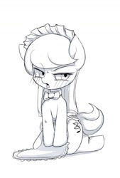 Size: 1024x1515 | Tagged: safe, artist:skippy_the_moon, octavia melody, earth pony, pony, apron, blushing, clothes, maid, monochrome, solo