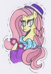 Size: 692x1013 | Tagged: safe, artist:draw1709, fluttershy, pegasus, pony, fake it 'til you make it, clothes, glasses, hat, hipstershy, solo, traditional art