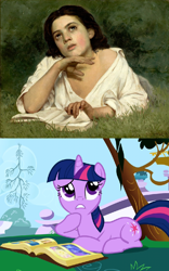 Size: 732x1176 | Tagged: safe, artist:josé ferraz de almeida júnior, derpibooru import, edit, edited screencap, screencap, twilight sparkle, human, friendship is magic, book, canterlot, comparison, girl with a book, grass, looking up, painting, reading, thinking