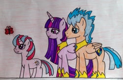 Size: 1024x665 | Tagged: safe, artist:dragonpriness, flash sentry, twilight sparkle, twilight sparkle (alicorn), alicorn, butterfly, pegasus, pony, unicorn, family, female, filly, flashlight, male, mare, offspring, parent:flash sentry, parent:twilight sparkle, parents:flashlight, princess shoes, shipping, stallion, straight, traditional art