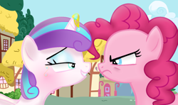 Size: 1280x760 | Tagged: safe, artist:stormyrain101, pinkie pie, princess flurry heart, earth pony, pony, base used, blushing, duo, older, older flurry heart, pinkie pie is not amused, unamused