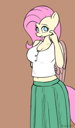 Size: 601x1024 | Tagged: safe, artist:bumpywish, fluttershy, anthro, pegasus, belly button, breasts, brown background, cleavage, clothes, explicit source, female, frown, long skirt, looking at you, mare, midriff, shirt, simple background, skirt, solo, tanktop