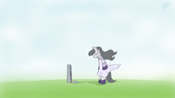 Size: 1024x576 | Tagged: safe, artist:ladyanidraws, octavia melody, earth pony, pony, clothes, dress, flower, gravestone, i am octavia, implied vinyl scratch, sad