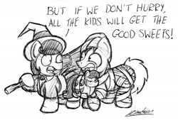 Size: 1780x1201 | Tagged: safe, artist:bobthedalek, octavia melody, oc, oc:mixed melody, oc:octavia's father, oc:octavia's mother, oc:ostinato melody, earth pony, pony, black and white, clothes, costume, duo, female, filly, grayscale, mummy, nightmare night, octavia is not amused, pumpkin, unamused, witch