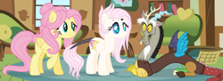 Size: 1053x382 | Tagged: safe, artist:ilaria122, discord, fluttershy, oc, oc:harmony, draconequus, hybrid, pegasus, pony, discoshy, female, interspecies offspring, male, next generation, offspring, parent:discord, parent:fluttershy, parents:discoshy, shipping, simple background, straight