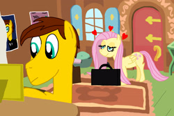 Size: 3588x2406 | Tagged: safe, artist:sb1991, fluttershy, oc, oc:film reel, pegasus, pony, fluttershy's cottage, fluttershy's cottage (interior), heart, lidded eyes, picture frame, poster, story art, suitcase