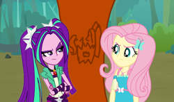 Size: 2000x1176 | Tagged: safe, artist:bigpurplemuppet99, aria blaze, fluttershy, better together, equestria girls, angry, ariashy, female, flutterblaze, geode of fauna, lesbian, magical geodes, shipping