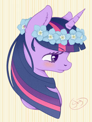 Size: 600x800 | Tagged: safe, artist:xsnowdropx, derpibooru import, part of a set, twilight sparkle, bust, floral head wreath, flower, flower in hair, portrait, solo