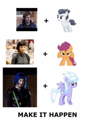 Size: 1364x1924 | Tagged: safe, cloudchaser, rumble, scootaloo, exploitable meme, make it happen, meta, scott pilgrim