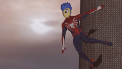 Size: 2560x1440 | Tagged: safe, artist:wolfthepredator, flash sentry, equestria girls, 3d, gmod, male, morning, smiling, solo, spider-man