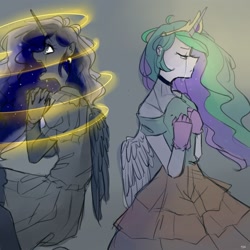 Size: 2500x2500 | Tagged: safe, artist:phattaraphorn_1, artist:tar, princess celestia, princess luna, alicorn, human, clothes, crown, crying, evening dress, gloves, hand, horn, humanized, jewelry, light, nails, regalia, request, sad, wings