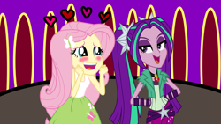 Size: 1920x1080 | Tagged: safe, artist:bigpurplemuppet99, aria blaze, fluttershy, equestria girls, ariashy, blushing, clothes, female, flutterblaze, lesbian, shipping, skirt