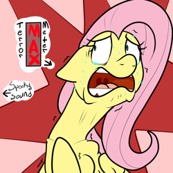 Size: 700x700 | Tagged: safe, artist:bennimarru, fluttershy, pegasus, pony, abstract background, clavicle, crying, fear, flat colors, open mouth, scared, shaking, simple background, solo, sweat, terror