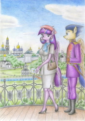 Size: 2456x3489 | Tagged: safe, artist:sinaherib, flash sentry, twilight sparkle, twilight sparkle (alicorn), alicorn, anthro, plantigrade anthro, beret, camera, clothes, female, flashlight, hat, high heels, male, purse, shipping, shoes, straight, traditional art, uniform