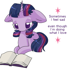 Size: 1000x1000 | Tagged: safe, artist:rue-willings, derpibooru import, part of a set, twilight sparkle, book, missing cutie mark, sad, solo, text