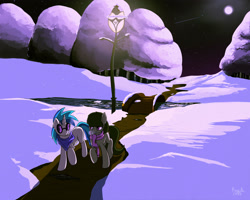 Size: 3000x2400 | Tagged: safe, artist:ruirik, dj pon-3, octavia melody, vinyl scratch, earth pony, pony, bridge, female, lesbian, moon, night, romance, scratchtavia, shipping, streetlight, walking, winter