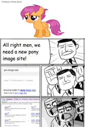 Size: 849x1262 | Tagged: safe, scootaloo, human, pegasus, pony, clothes, comic, comic sans, derpibooru, eyes closed, female, filly, frown, gasp, google, grammar error, male, meta, necktie, open mouth, poni, ponibooru, sad, speech bubble, suit, text, url, wet mane, wide eyes, wings