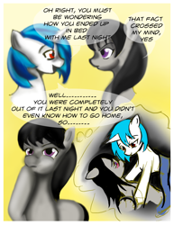 Size: 1200x1553 | Tagged: safe, artist:gunslingerpen, dj pon-3, octavia melody, vinyl scratch, earth pony, pony, comic:allegrezza, blushing, comic, imagination