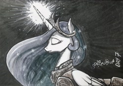 Size: 3742x2631 | Tagged: safe, artist:poecillia-gracilis19, princess celestia, alicorn, pony, armor, eyes closed, female, inktober, inktober 2019, mare, profile, solo, traditional art