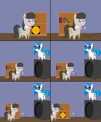 Size: 1000x1200 | Tagged: safe, artist:totallynotabronyfim, dj pon-3, octavia melody, vinyl scratch, earth pony, pony, bass cannon, book, bookcase, comic, pointy ponies, record, speaker