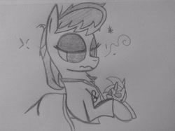 Size: 2592x1936 | Tagged: safe, artist:poorlydrawnpony, dj pon-3, octavia melody, vinyl scratch, earth pony, pony, bed, clothes, monochrome, morning ponies, pajamas, plushie, redrawn, solo, traditional art