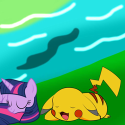 Size: 1024x1024 | Tagged: safe, artist:thepokebrony, artist:zacatron94, derpibooru import, edit, twilight sparkle, pikachu, cute, field, pokémon, river, sleeping