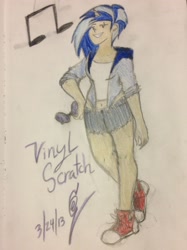 Size: 1936x2592 | Tagged: safe, artist:derpam, dj pon-3, vinyl scratch, human, clothes, converse, hot pants, humanized, shoes, solo, traditional art