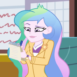 Size: 1005x1014 | Tagged: safe, screencap, princess celestia, principal celestia, better together, equestria girls, schedule swap, blazer, canterlot high, celestia's office, chair, cropped, female, notepad, pen, solo, watch, wristwatch, writing