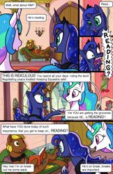 Size: 1989x3072 | Tagged: safe, artist:docwario, princess celestia, princess luna, oc, oc:lump sum, alicorn, earth pony, pony, comic:royal chores, angry, break, comic, female, male, mare, open mouth, reading, royal sisters, shocked, sitting, sofa bed, speech bubble, stallion