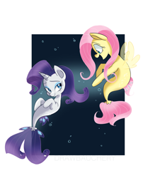 Size: 5465x6770 | Tagged: safe, artist:drawbauchery, fluttershy, rarity, seapony (g4), my little pony: the movie, absurd resolution, duo, female, horn, seaponified, seapony fluttershy, seapony rarity, species swap, underwater, wings