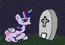 Size: 462x320 | Tagged: safe, artist:star island, derpibooru import, twilight sparkle, twilight sparkle (alicorn), alicorn, pony, female, grave, gravestone, immortality blues, implied death, mare, sad