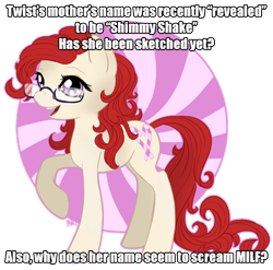 Size: 500x494 | Tagged: safe, twist, earth pony, pony, glasses, meta