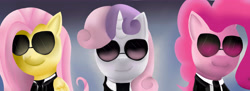 Size: 5500x2000 | Tagged: safe, artist:13light, fluttershy, pinkie pie, sweetie belle, earth pony, pegasus, pony, unicorn, clothes, female, filly, mare, secret agent, suit, sunglasses, trio