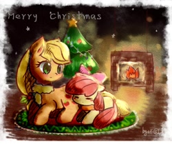 Size: 1100x920 | Tagged: safe, artist:camilla_, apple bloom, applejack, earth pony, pony, christmas, christmas tree, fireplace, holiday, pixiv, tree