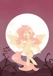 Size: 2819x4000 | Tagged: safe, artist:chepelitaxd, fluttershy, bat, bat pony, pony, ear fluff, fangs, female, flutterbat, flying, full moon, looking up, mare, moon, mountain, night, open mouth, race swap, red sky, signature, solo, spread wings, starry night, wings