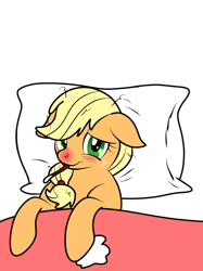 Size: 2048x2732 | Tagged: artist needed, safe, applejack, earth pony, pony, blanket, cold, cute, fever, handkerchief, pillow, sick, simple background, solo, tissue, transparent background