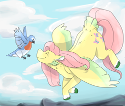 Size: 3800x3200 | Tagged: safe, artist:flyingeevee, fluttershy, bird, pegasus, pony, bluebird, cheek fluff, chest fluff, colored hooves, cutie mark, ear fluff, eyes closed, female, flying, mare, smiling, solo, spread wings, tail feathers, wings